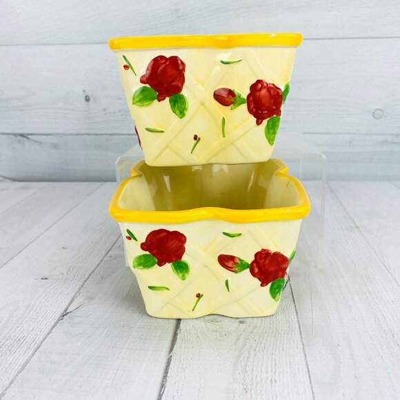 Temptations Ovenware  Tara Yellow Red ROSE Stoneware 1Qt Retangle Bakers Set 2 - Picture 5 of 10